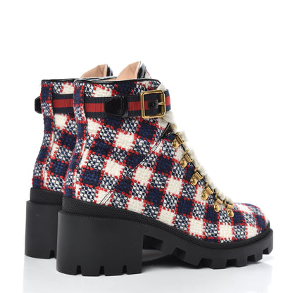 Gucci Vintage Tweed Check Lace Up Combat Ankle Boots 37 White Hibiscus Red Marine 4 of 8