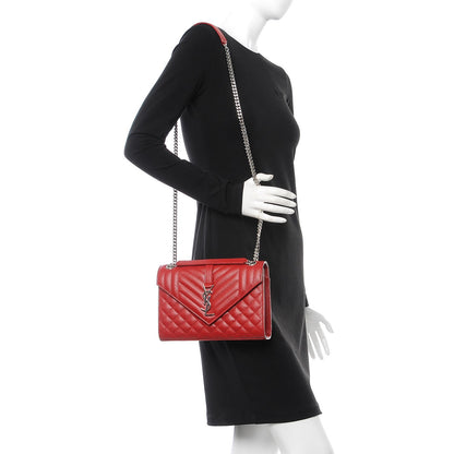 Saint Laurent Grain De Poudre Textured Mixed Matelasse Triquilt Medium Monogram Satchel Red 2 of 9