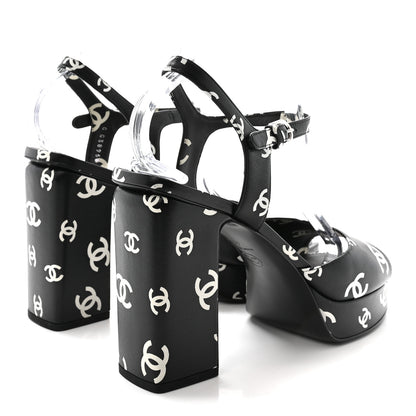 Chanel Printed Lambskin CC Platform Sandals 41 Black White 5 of 10