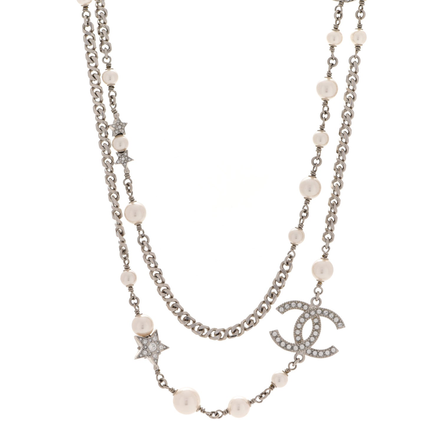 Chanel Pearl Crystal Star CC Necklace Silver 1 of 5