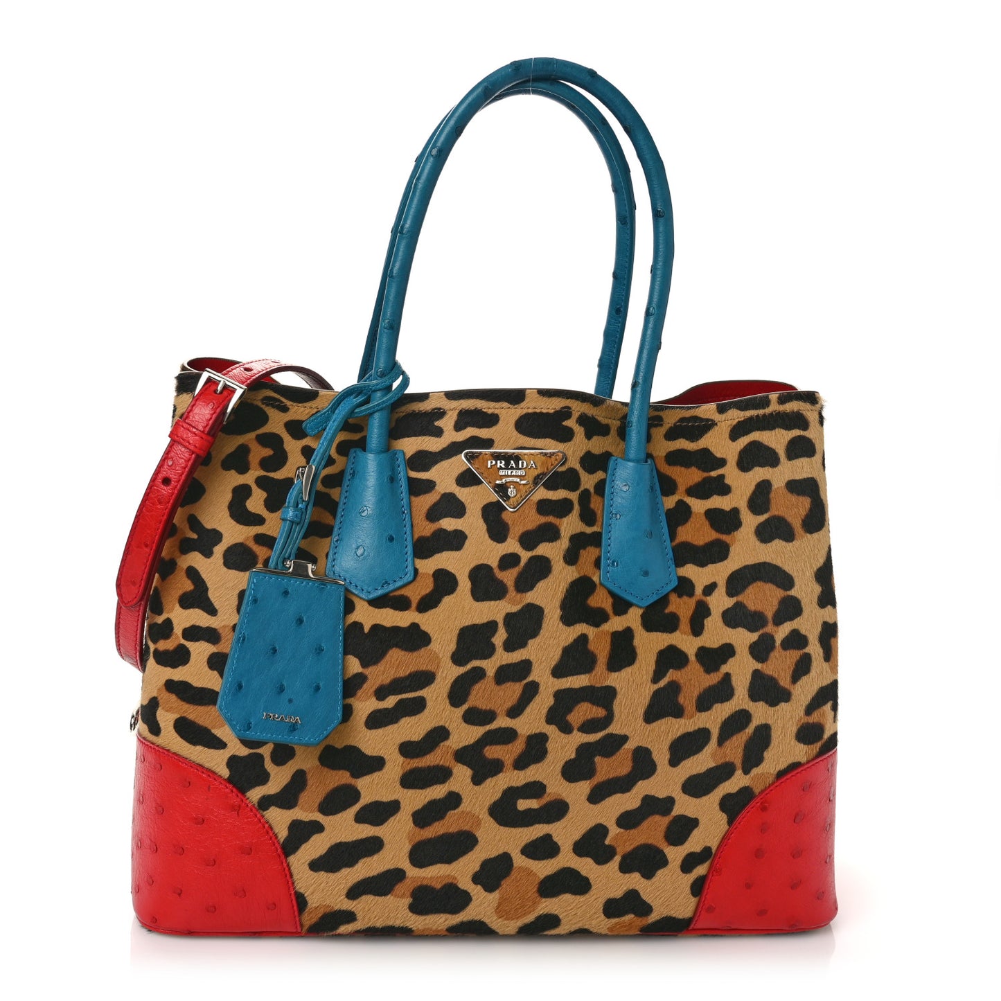 Calf Hair Ostrich Leopard Print Medium Double Bag Miele Voyage