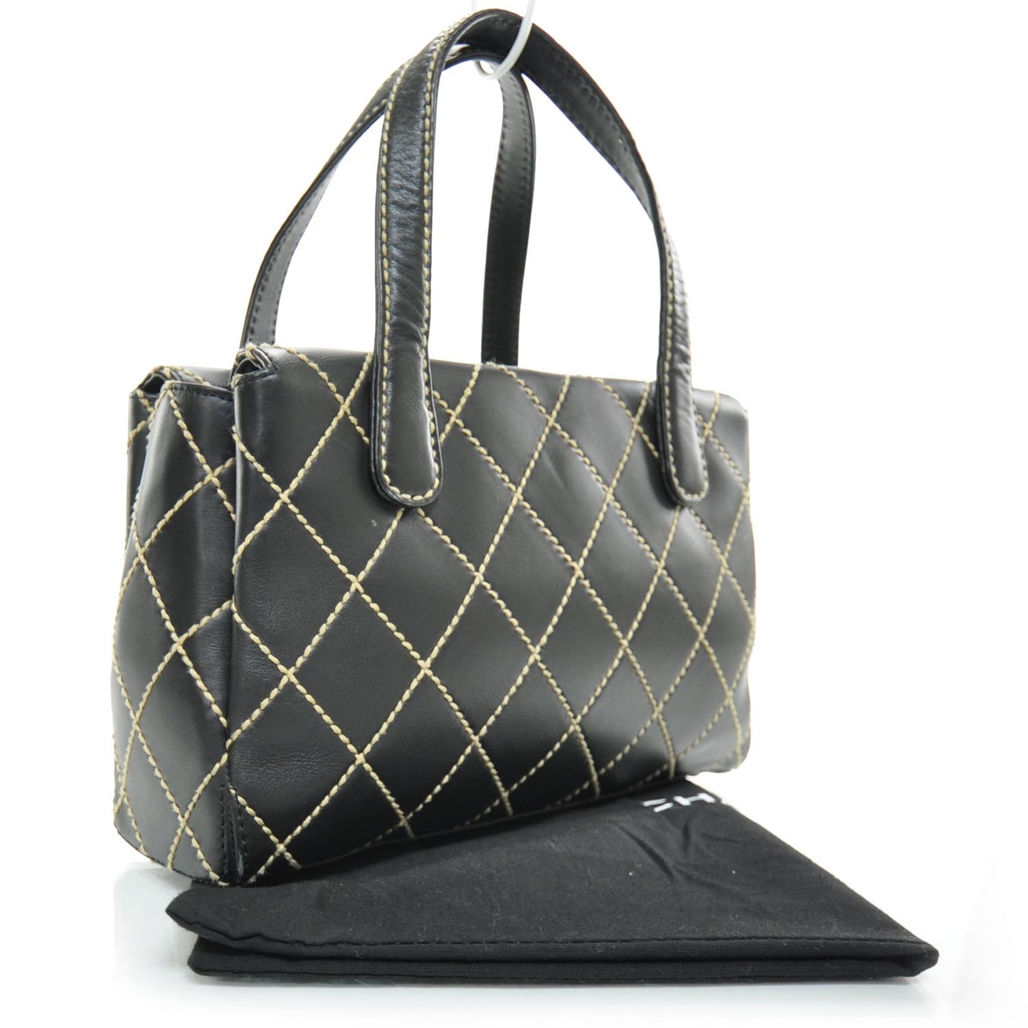 Leather Quilted Contrast Stitch Surpique Handbag Black