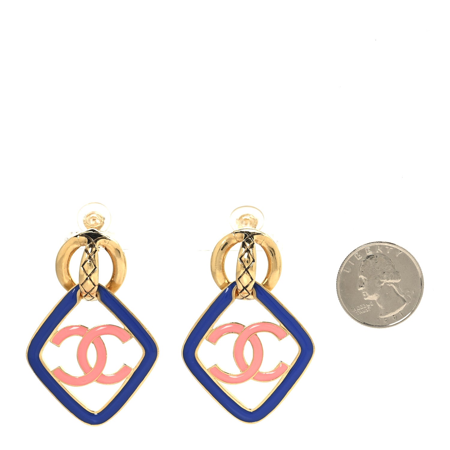 Chanel Metal Enamel Quilted CC Drop Earrings Gold Blue Pink 2 of 4