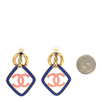 Chanel Metal Enamel Quilted CC Drop Earrings Gold Blue Pink 2 of 4