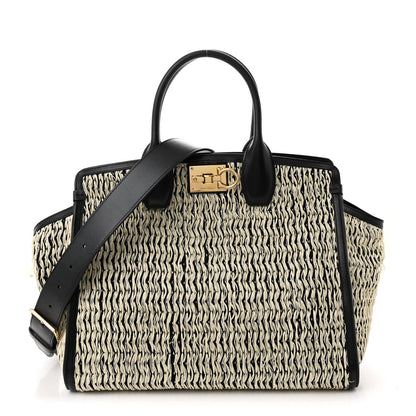 Salvatore Ferragamo Raffia Large Studio Bag Black White 1 of 11