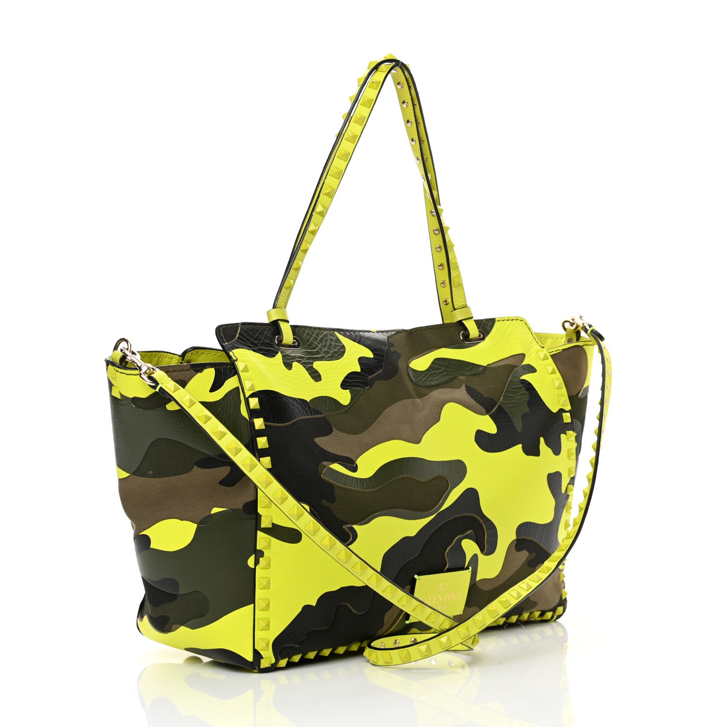 Valentino Garavani Nappa Canvas Camouflage Medium Rockstud Tote Green Fluo Yellow 3 of 16