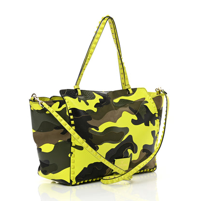 Valentino Garavani Nappa Canvas Camouflage Medium Rockstud Tote Green Fluo Yellow 3 of 16