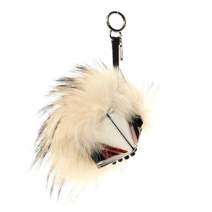 Fendi Vitello Flamingo Fox Fur Flurry Monster Bag Bug Cube Charm White 1 of 3