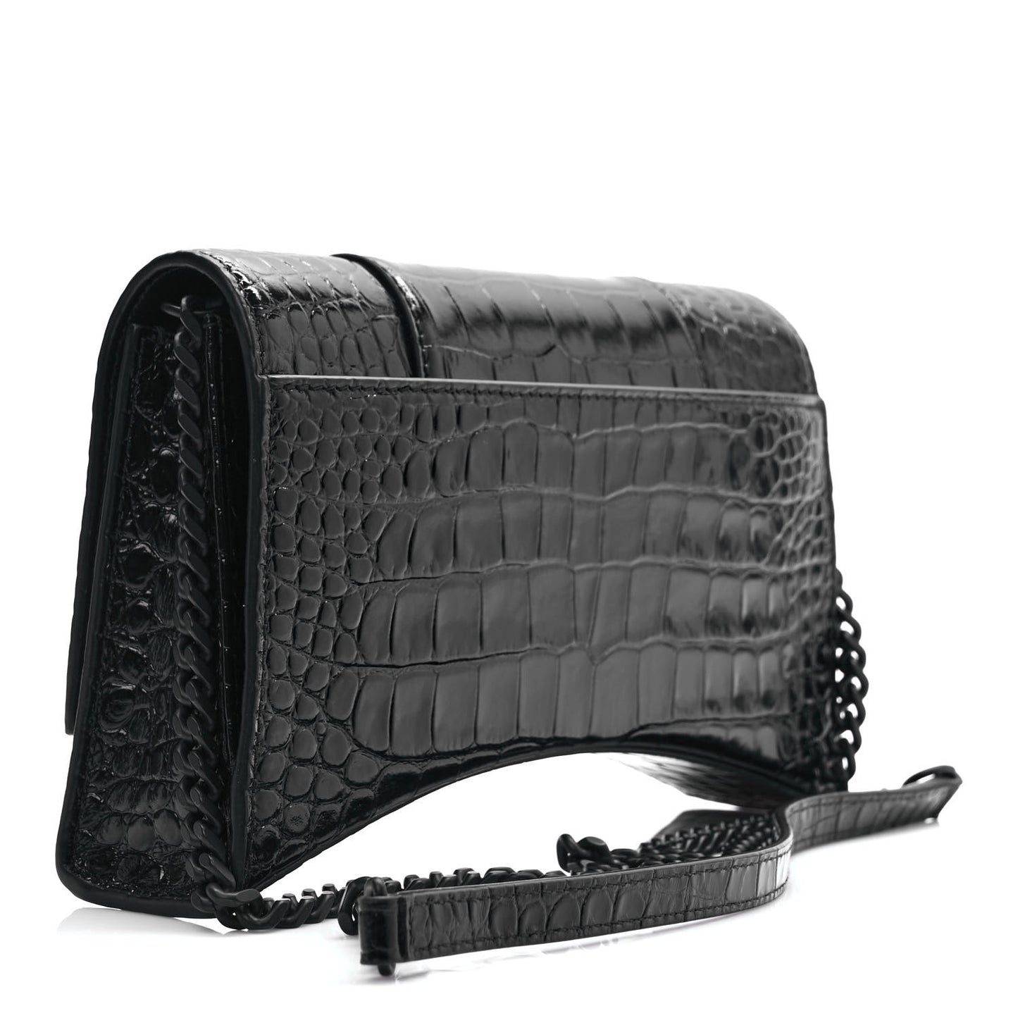Shiny Calfskin Monochrome Crocodile Embossed Small Hourglass Evening Chain Bag Black