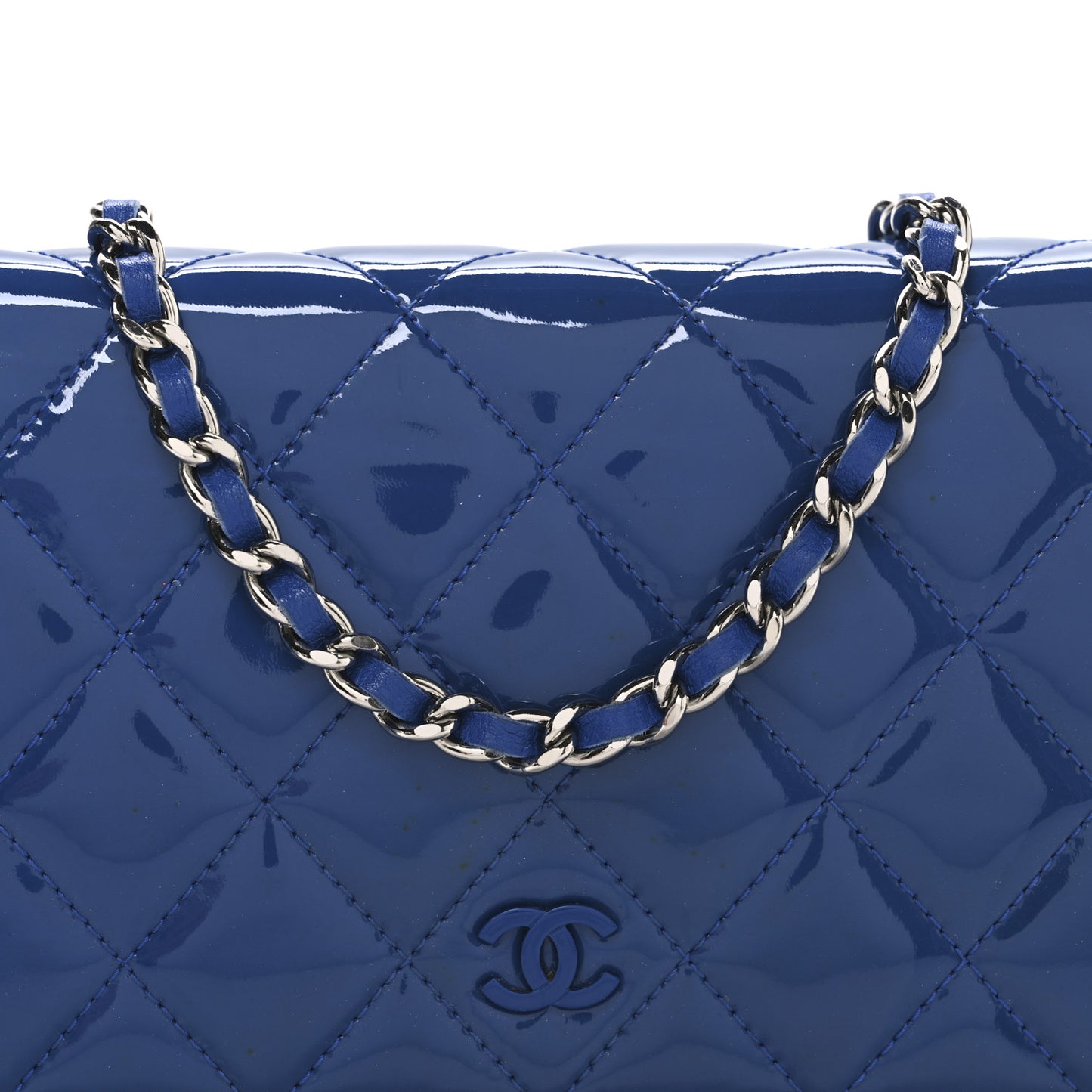 Patent Calfskin Quilted Wallet On Chain WOC Dark Blue