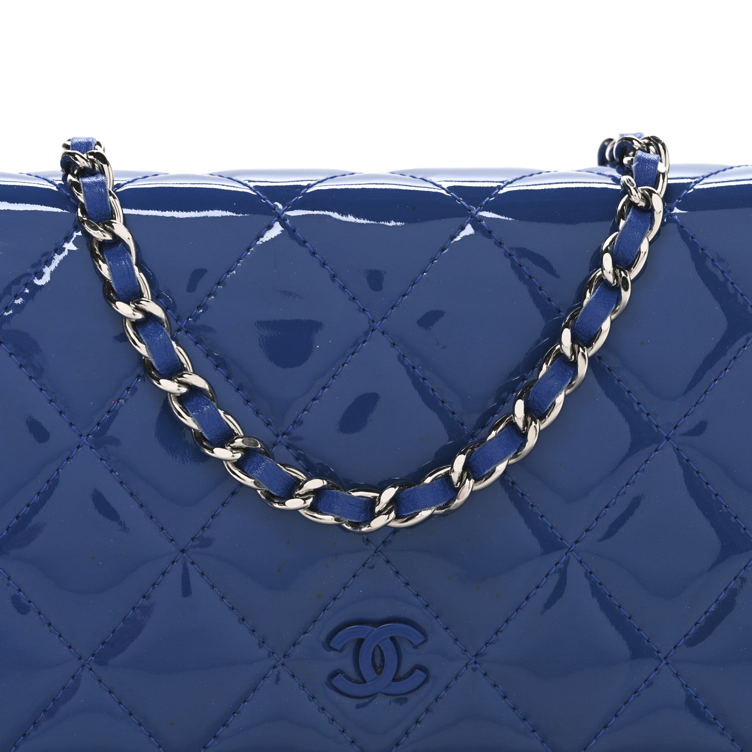 Chanel Patent Calfskin Quilted Wallet On Chain WOC Dark Blue 9 of 11