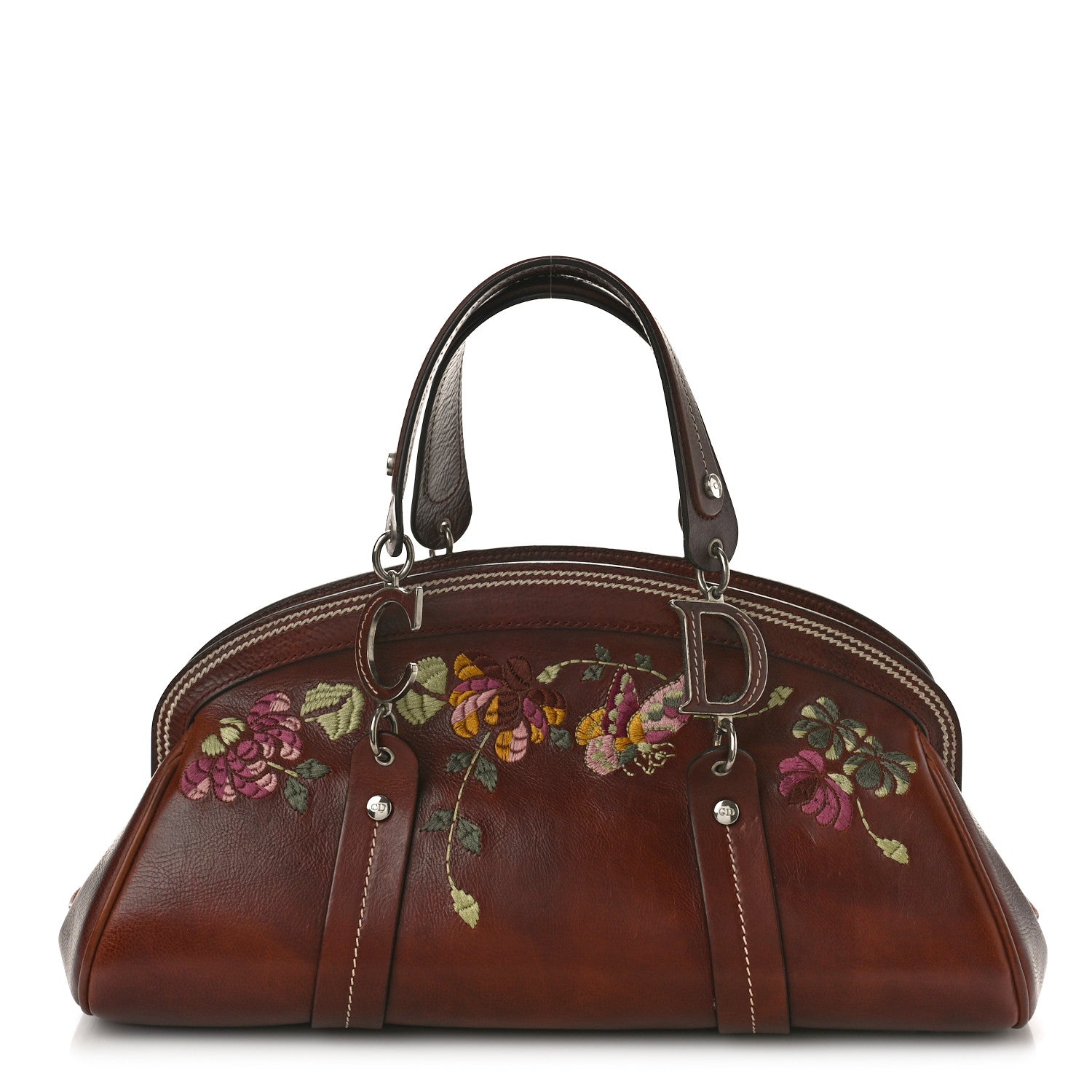 Christian Dior Grained Calfskin Romantic Flowers Frame Satchel Brown 1 of 8