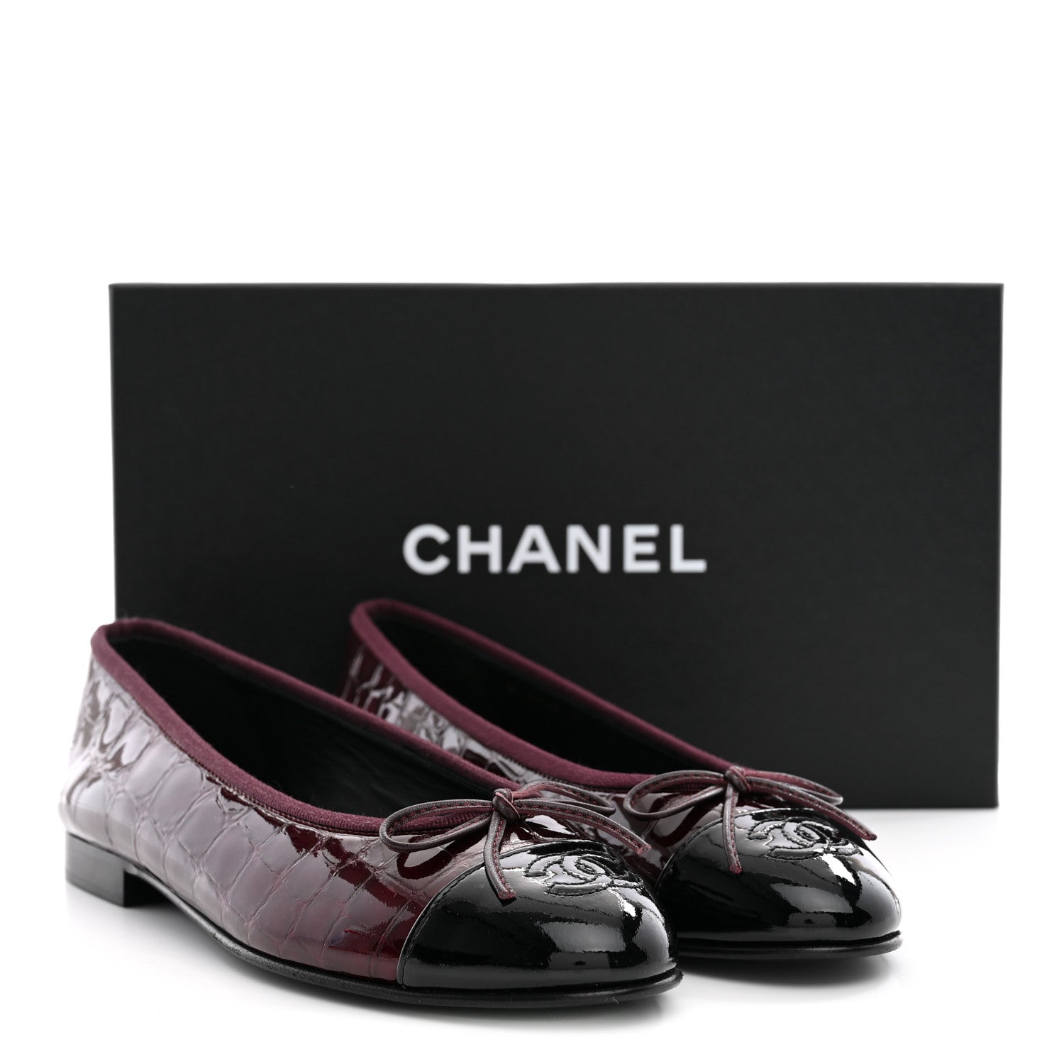Chanel Patent Calfskin Crocodile Embossed Cap Toe CC Ballerina Flats 37.5 Dark Burgundy Black 10 of 10