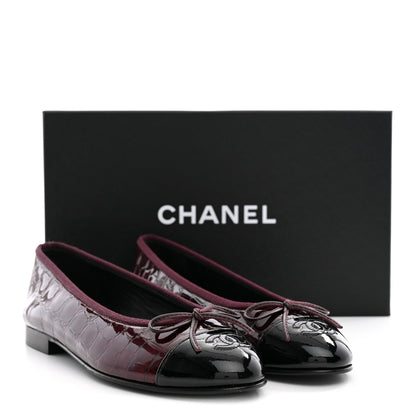 Chanel Patent Calfskin Crocodile Embossed Cap Toe CC Ballerina Flats 37.5 Dark Burgundy Black 10 of 10