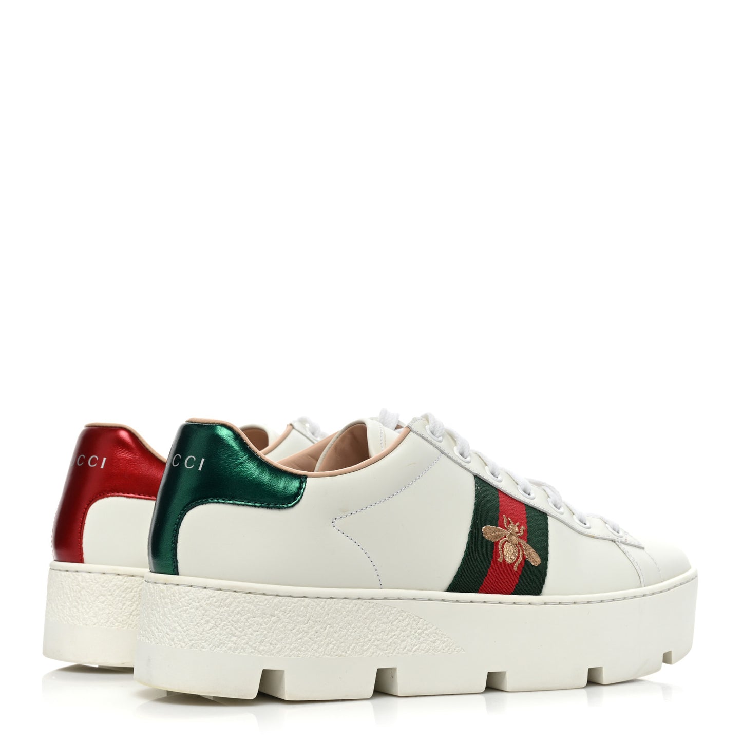 Calfskin Web Bee Embroidered Womens Ace Platform Sneakers 39 White
