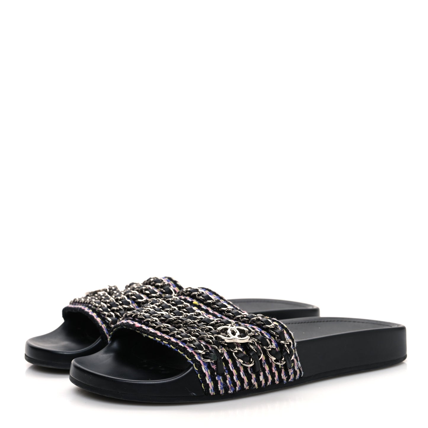 Tweed Lambskin Chain Flat Sandals 37 Black Multicolor