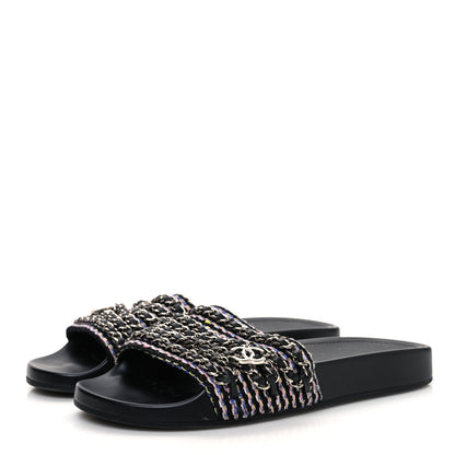 Chanel Tweed Lambskin Chain Flat Sandals 37 Black Multicolor 4 of 12