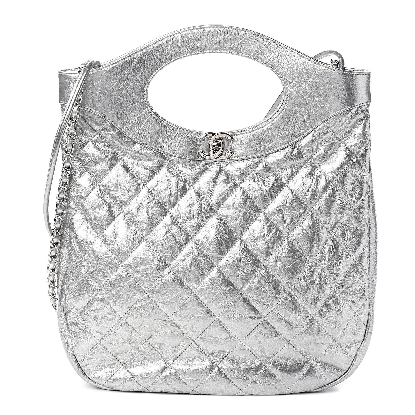 Metallic Crumpled Calfskin Small 31 Shopping Bag Silver