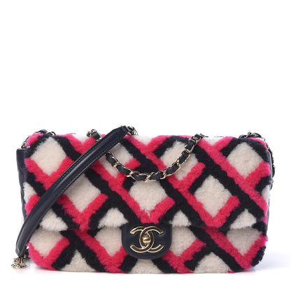 Chanel Lambskin Shearling Medium Flap Fuchsia Navy 1 of 10