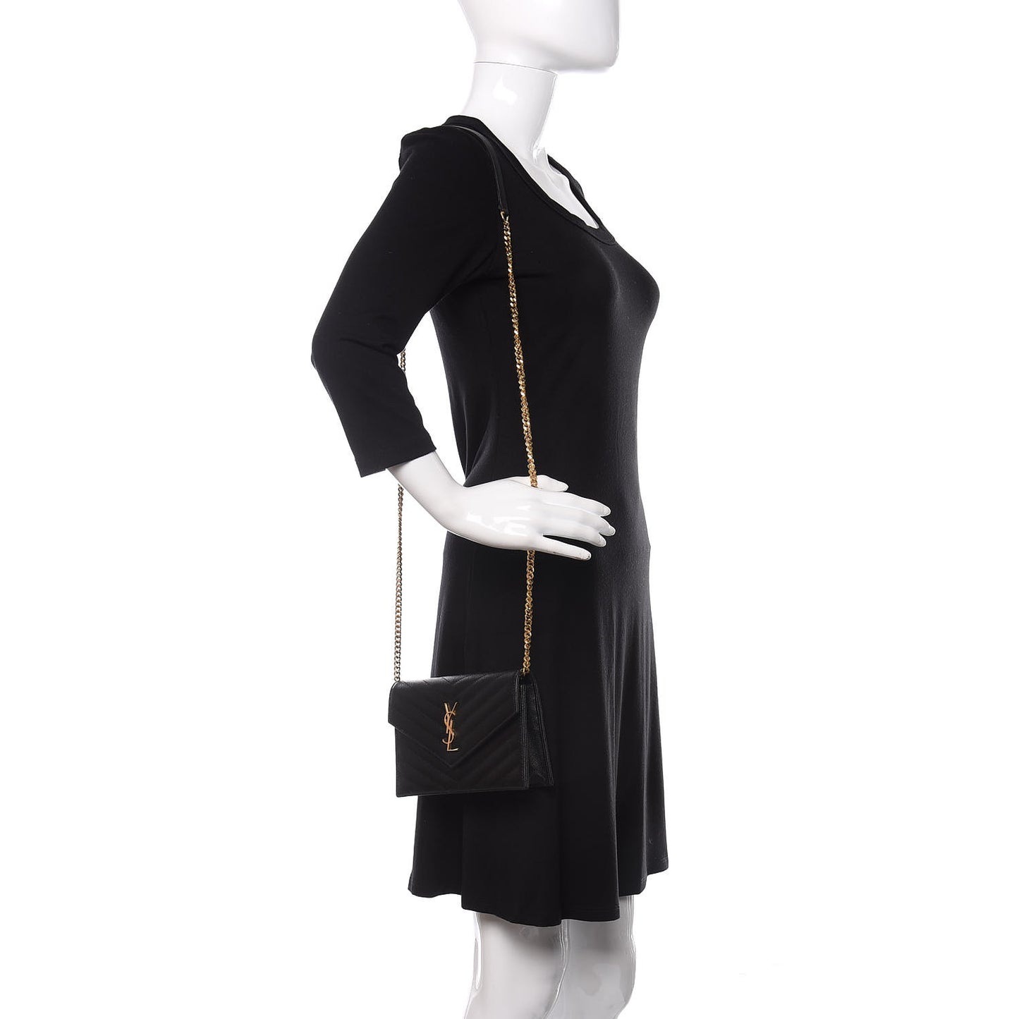 Grain De Poudre Matelasse Chevron Monogram Envelope Chain Wallet Black