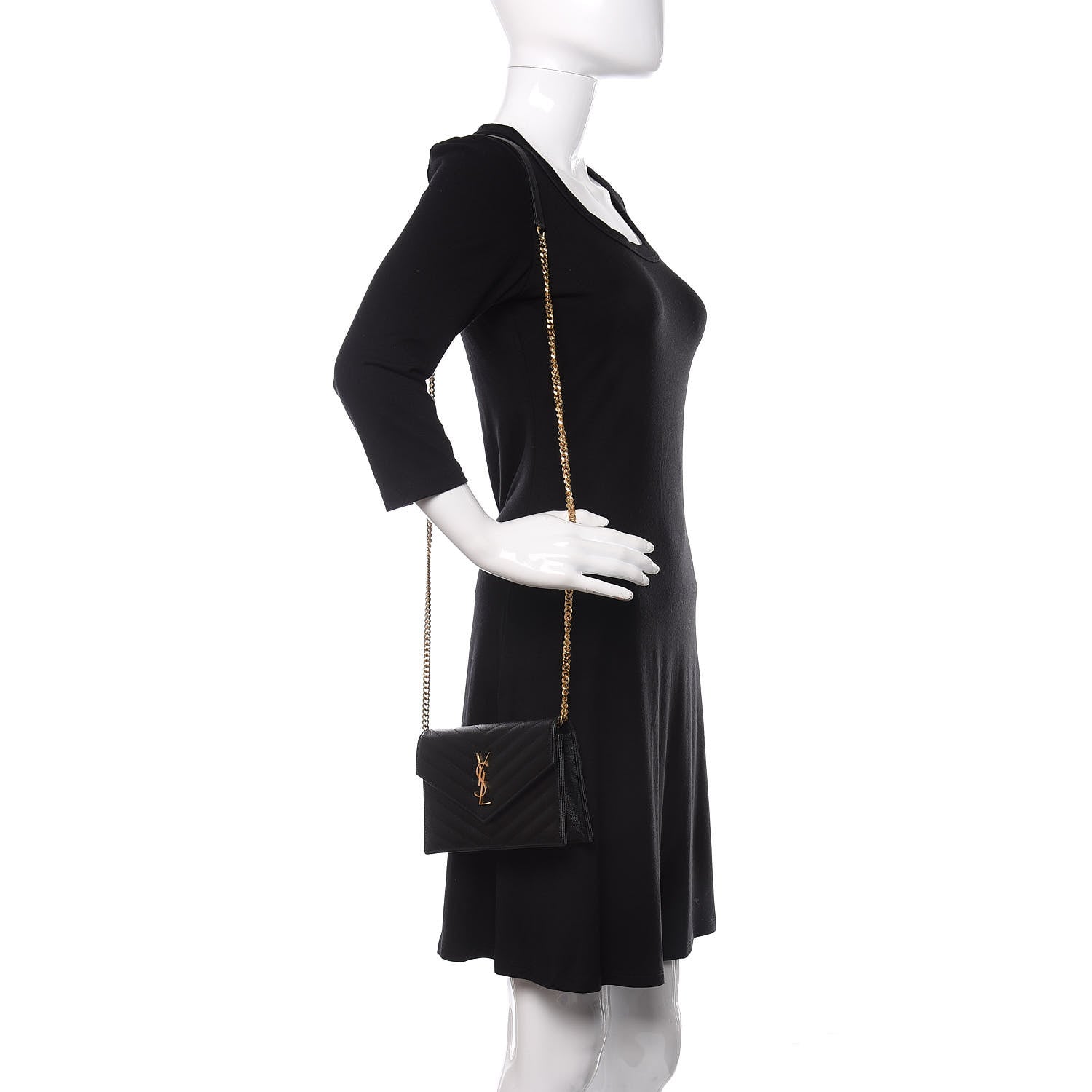 Saint Laurent Grain De Poudre Matelasse Chevron Monogram Envelope Chain Wallet Black 2 of 13