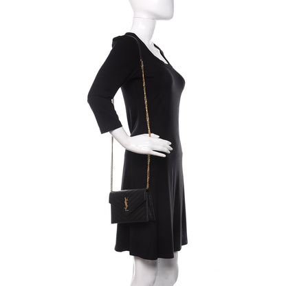 Saint Laurent Grain De Poudre Matelasse Chevron Monogram Envelope Chain Wallet Black 2 of 13