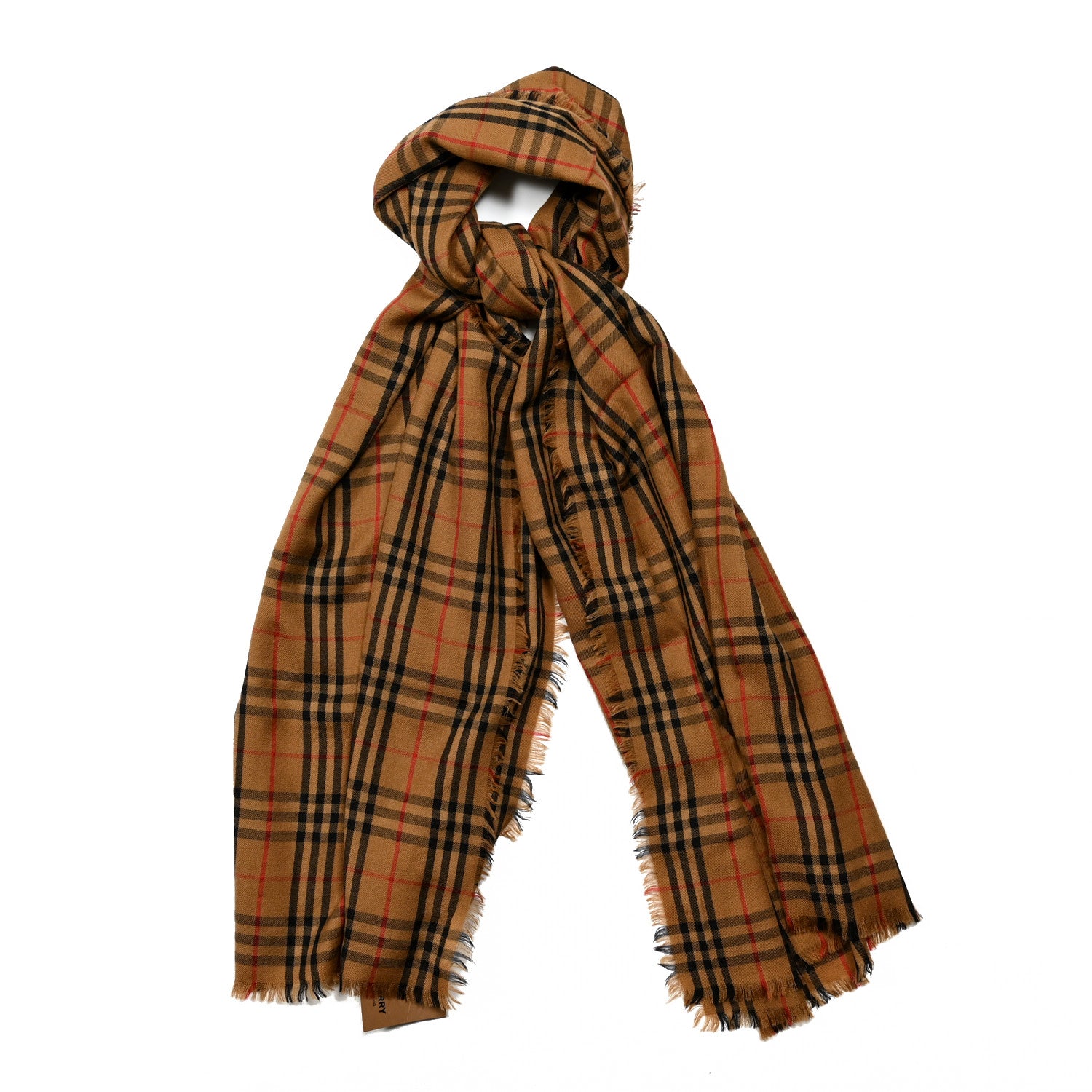 Burberry Cashmere Lightweight Logo Embroidered Vintage Check Fringe Scarf Camel 1 of 3