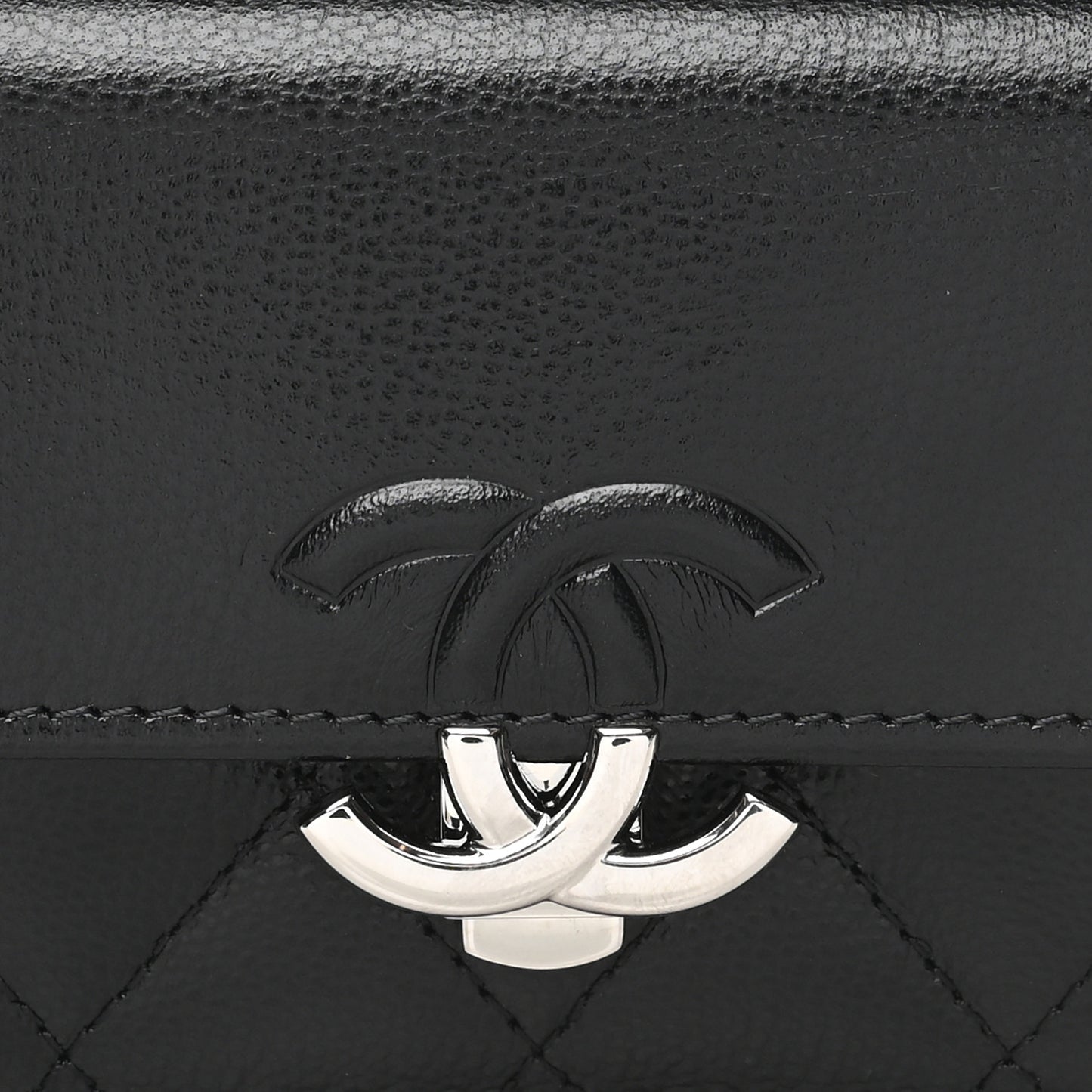 Grained Calfskin Quilted CC Box Compact Flap Wallet Black