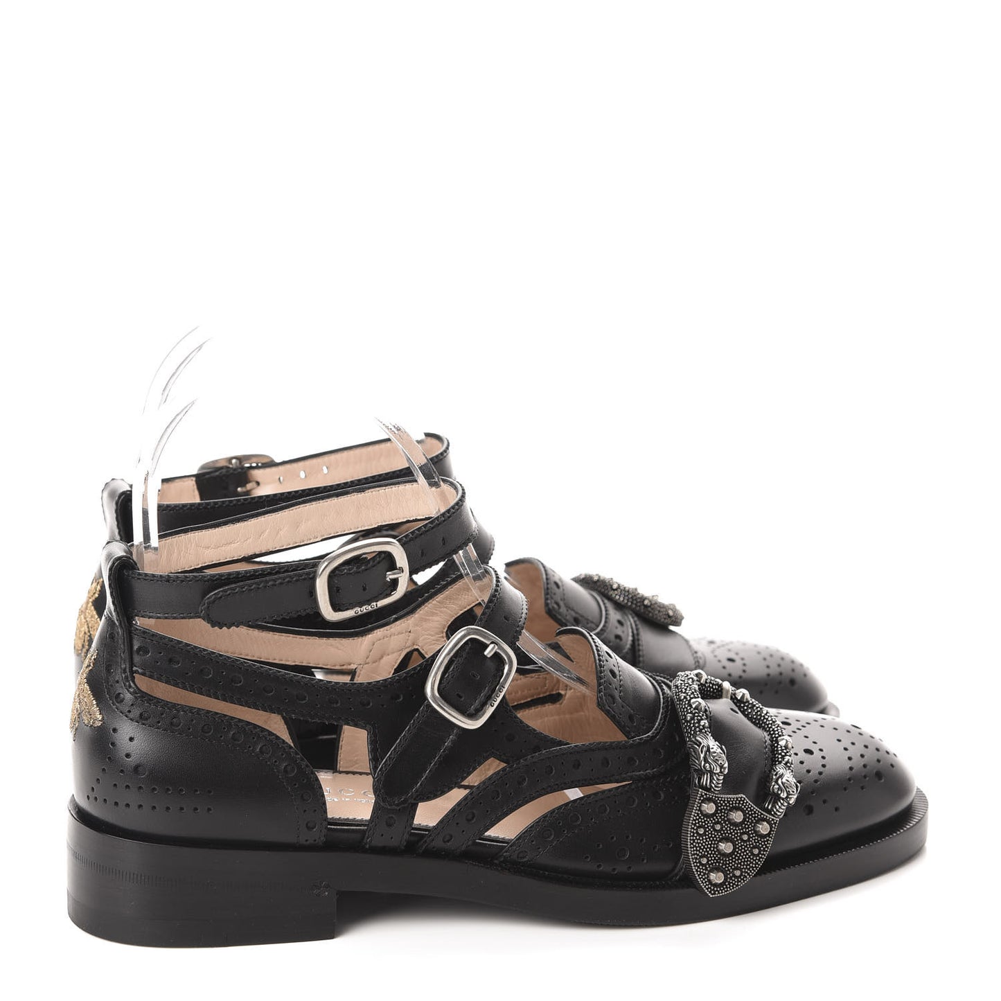 Calfskin Bee Embroidered Womens Queercore Brogue Wingtip Monk Strap Loafers 38 Black