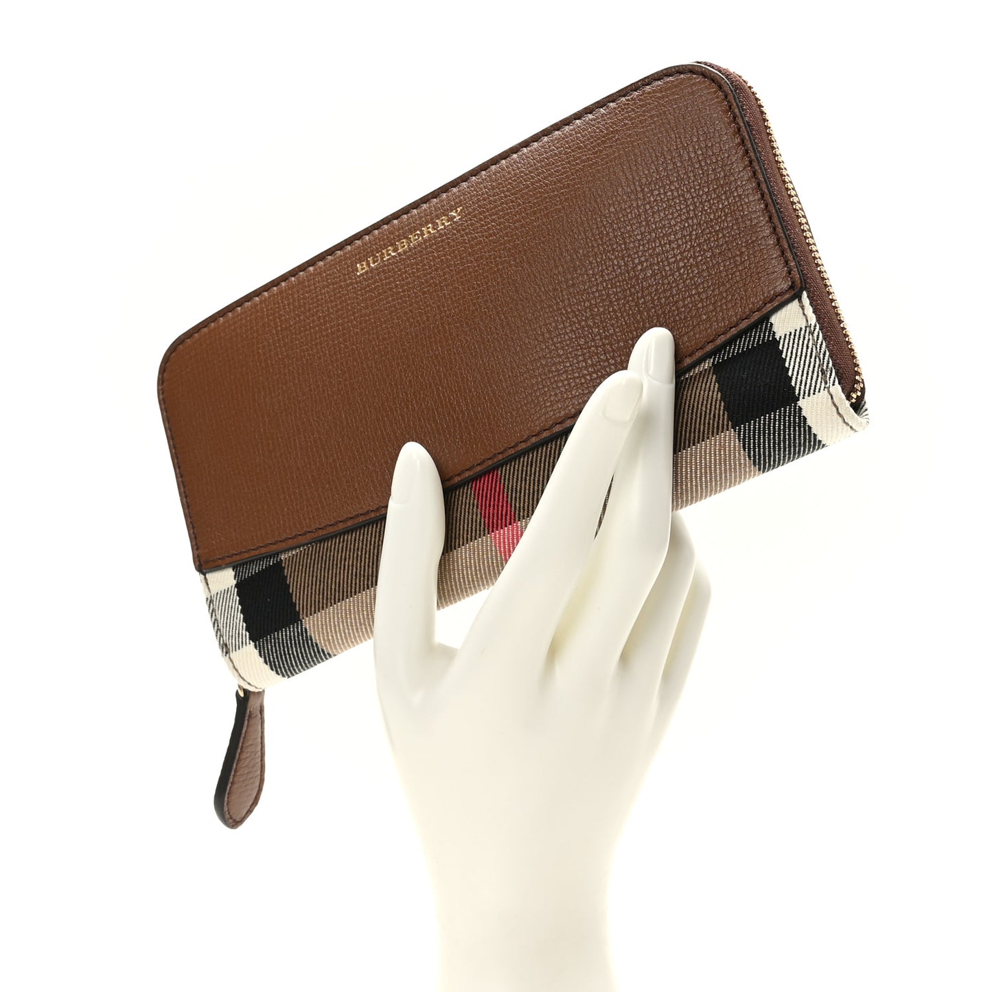 Grainy Calfskin House Check Elmore Zip Around Wallet Tan