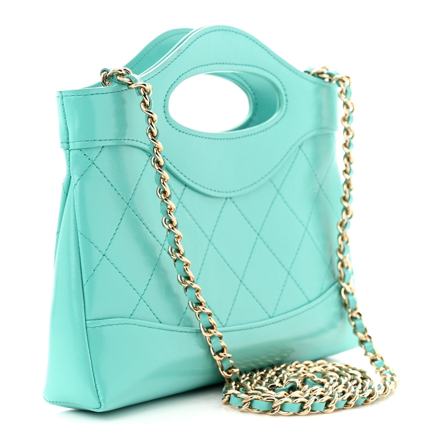 Shiny Crumpled Calfskin Quilted Nano 31 Shopping Bag Turquoise