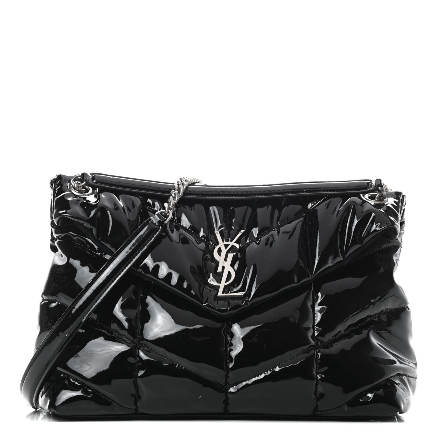 Patent Lambskin Quilted Medium Loulou Puffer Monogram Chain Satchel Black