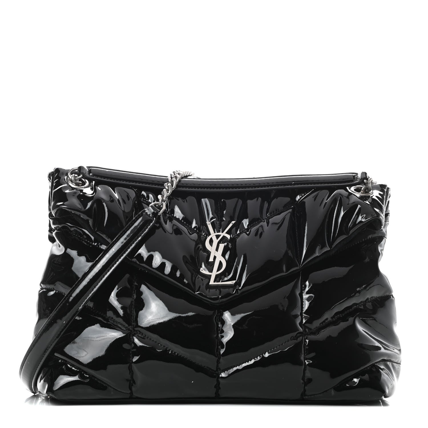 Saint Laurent Patent Lambskin Quilted Medium Loulou Puffer Monogram Chain Satchel Black 1 of 14