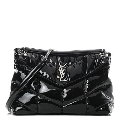 Saint Laurent Patent Lambskin Quilted Medium Loulou Puffer Monogram Chain Satchel Black 1 of 14