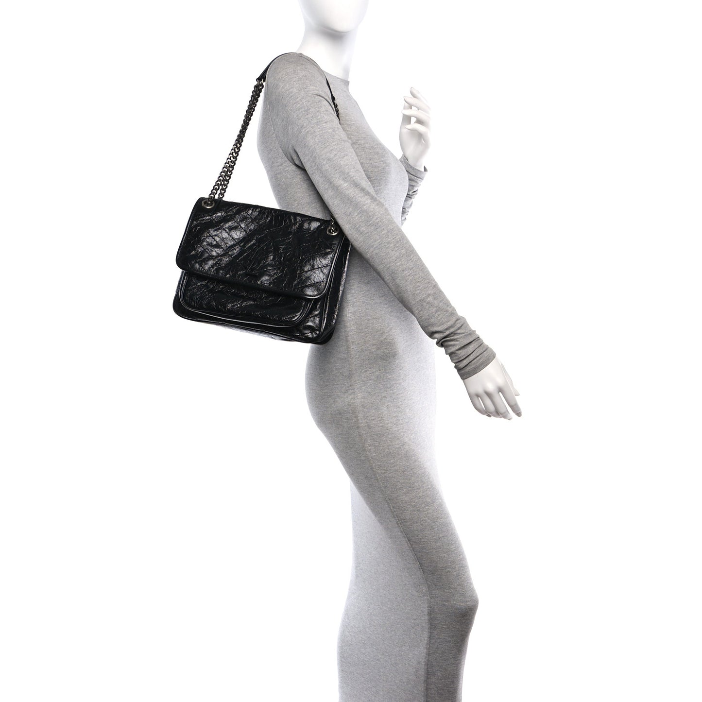 Crinkled Calfskin Matelasse Monogram Medium Niki Chain Satchel Black