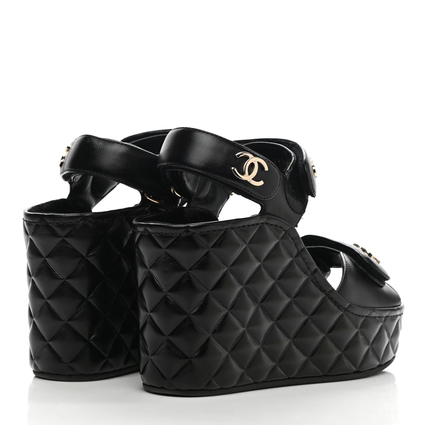 Shiny Calfskin Quilted Wedge Sandals 35 Black