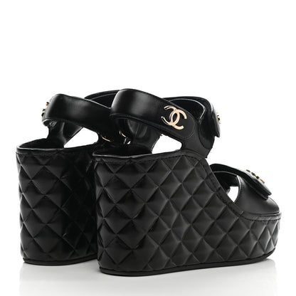 Chanel Shiny Calfskin Quilted Wedge Sandals 35 Black 4 of 8