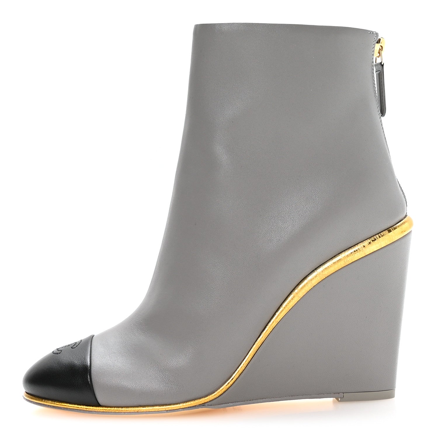 Chanel Lambskin Cap Toe Open Wedge Ankle Boots 37.5 Grey Black 1 of 9