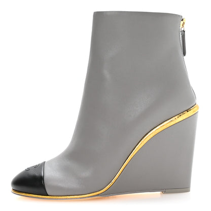 Chanel Lambskin Cap Toe Open Wedge Ankle Boots 37.5 Grey Black 1 of 9