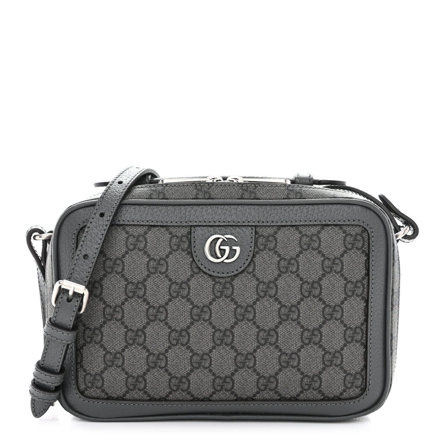 Gucci GG Supreme Monogram Textured Dollar Calfskin Small Ophidia Top Handle Shoulder Bag Grey Black Graphite Grey 1 of 14