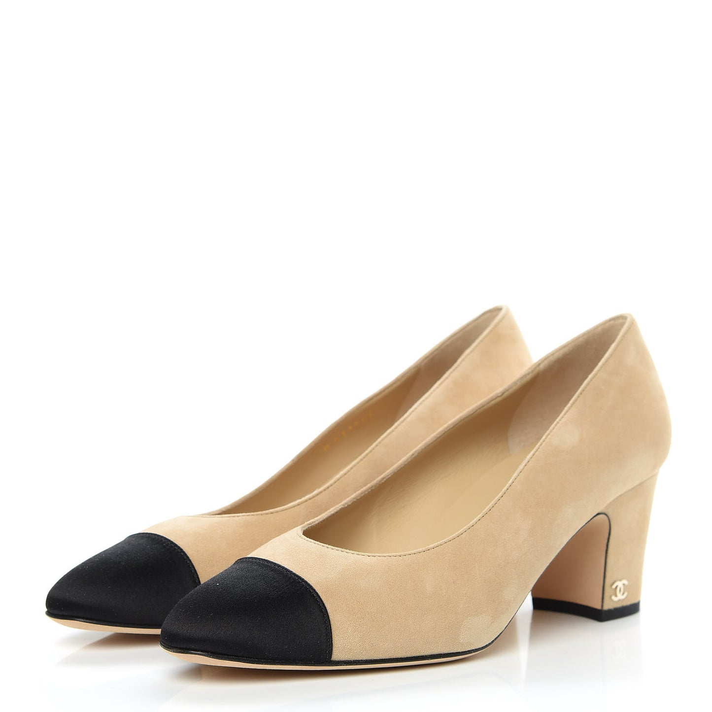 Suede Satin Cap Toe Low Heel Pumps 39 Beige Black