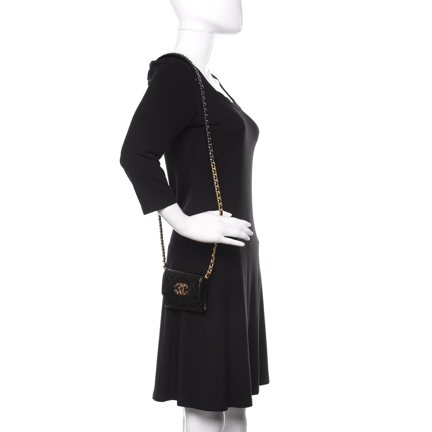 Chanel Shiny Crumpled Calfskin Quilted Chanel 19 Flap Coin Purse With Chain Black 2 of 10