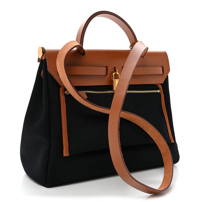 Hermes Military Toile Vache Hunter Herbag Zip Retourne 31 PM Black Fauve 3 of 10