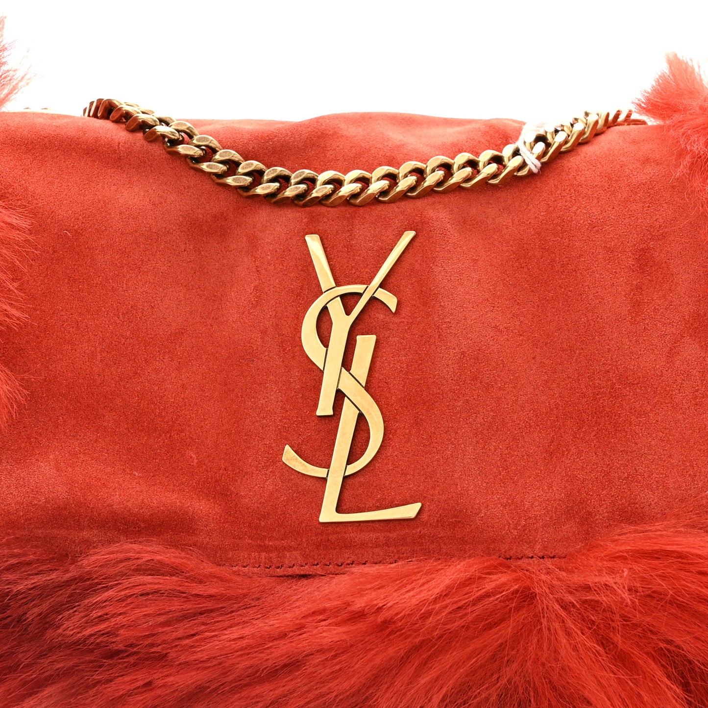 Suede Fur Small Reversible Monogram Kate Satchel Pavot Rouge