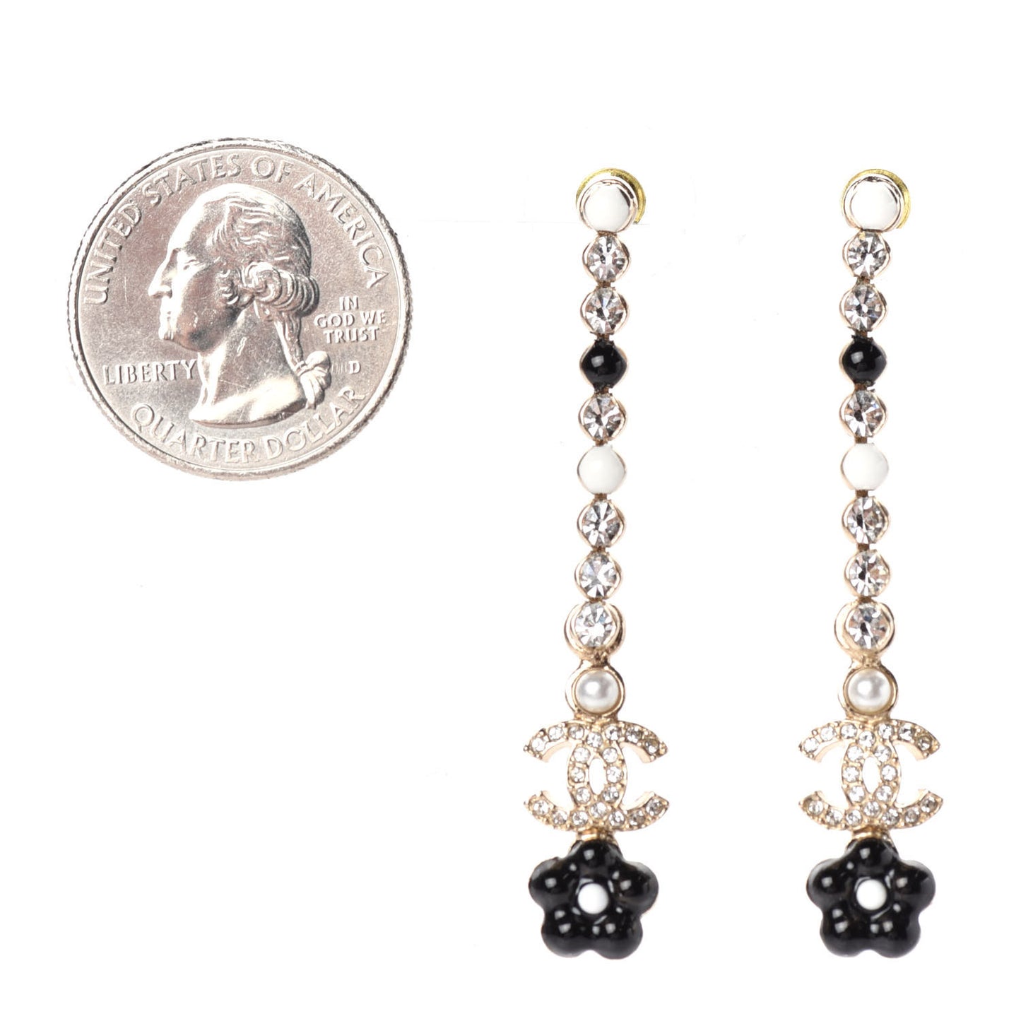 Crystal Enamel Flower CC Drop Earrings Gold White Black