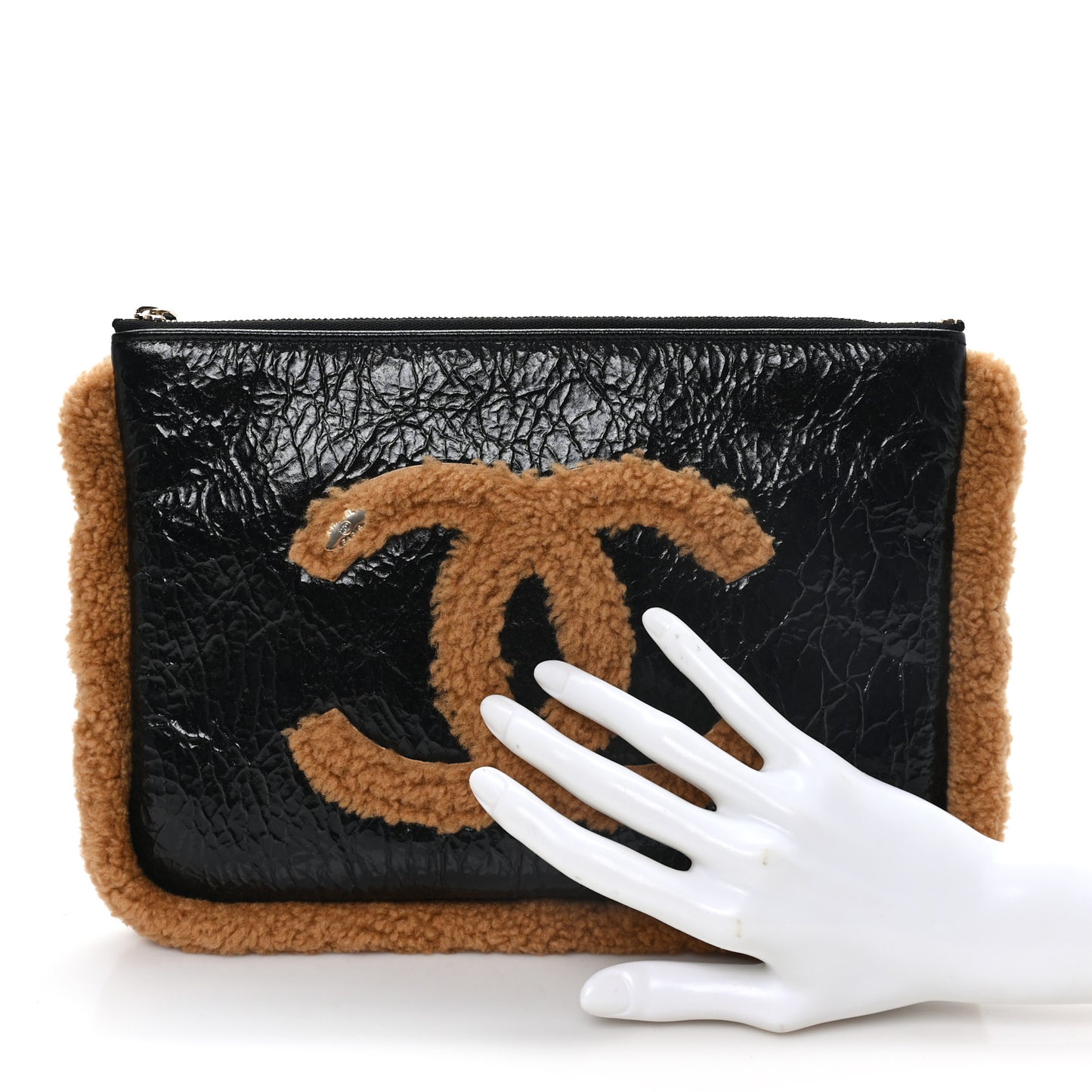 Shiny Crumpled Sheepskin Shearling CC Mania Zip Pouch Black Beige