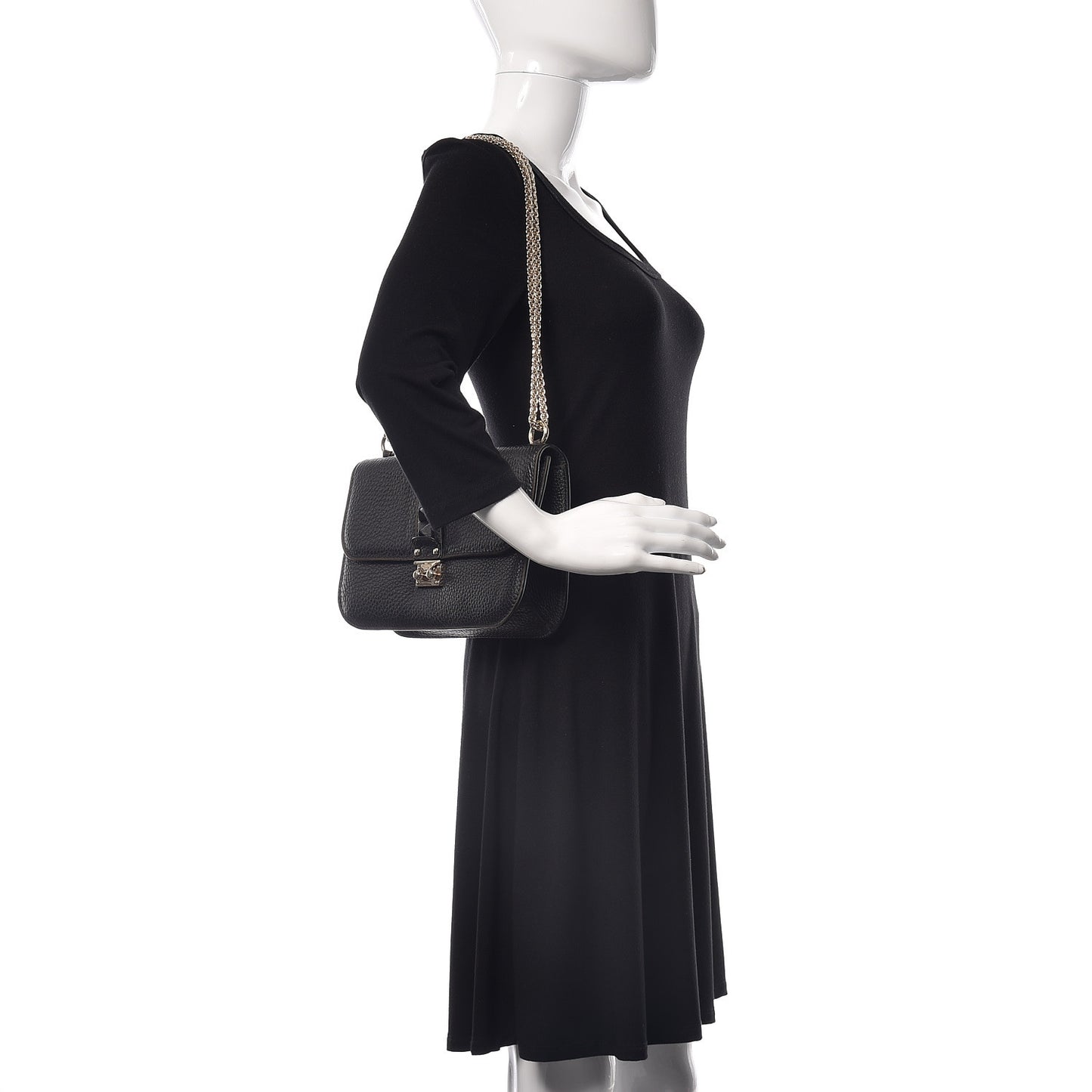 Pebbled Calfskin Medium Glam Lock Rockstud Flap Black