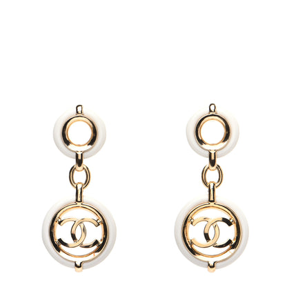 Chanel Metal Resin CC Round Drop Earrings Gold White 1 of 9