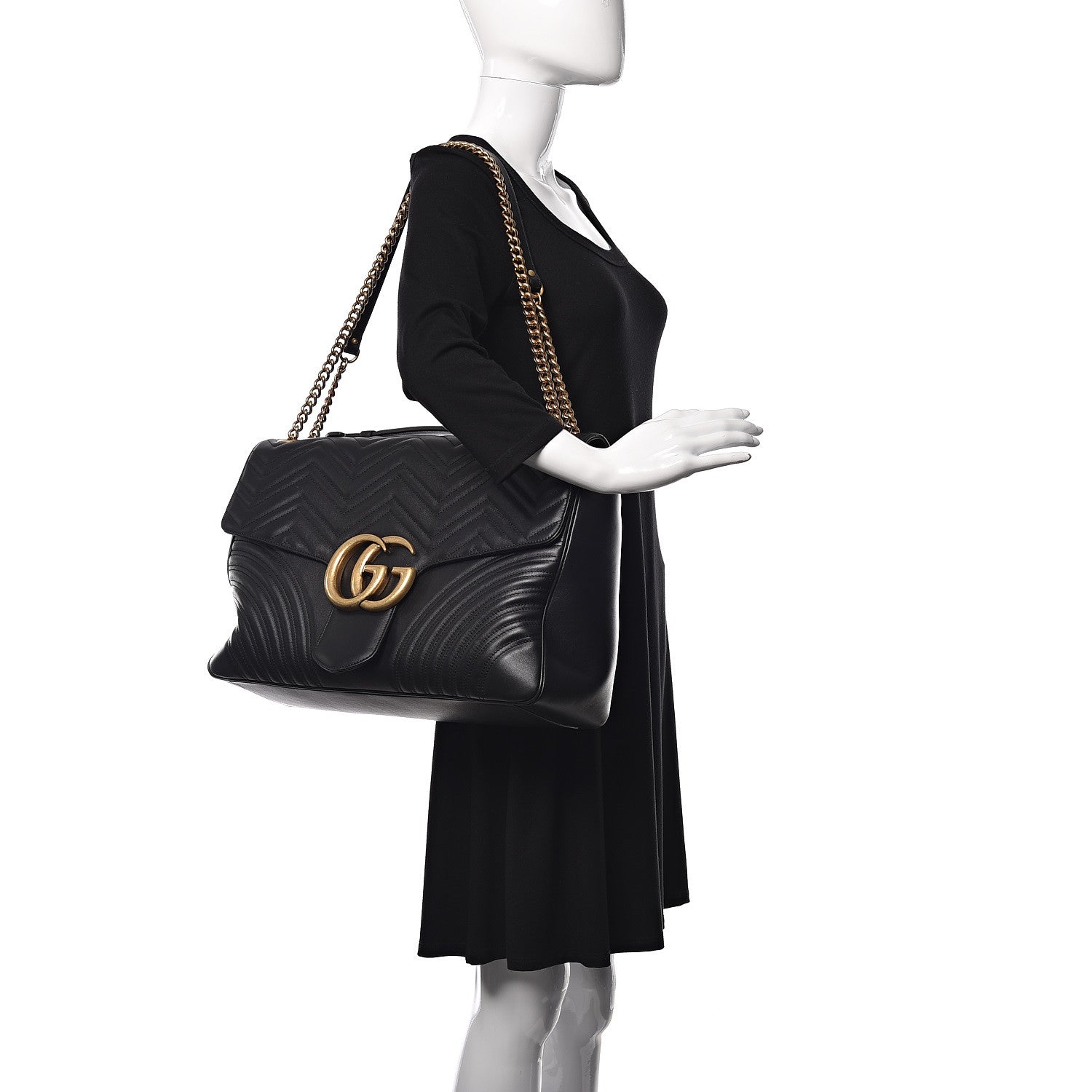 Gucci Calfskin Matelasse Maxi GG Marmont Top Handle Shoulder Bag Black 2 of 9