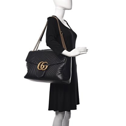 Gucci Calfskin Matelasse Maxi GG Marmont Top Handle Shoulder Bag Black 2 of 9